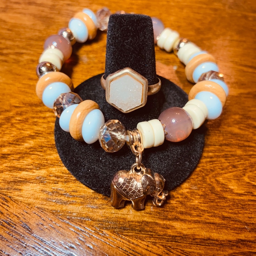 2 for $10 Beaded Bracelet with Elephant Charm W/Druzy Ring